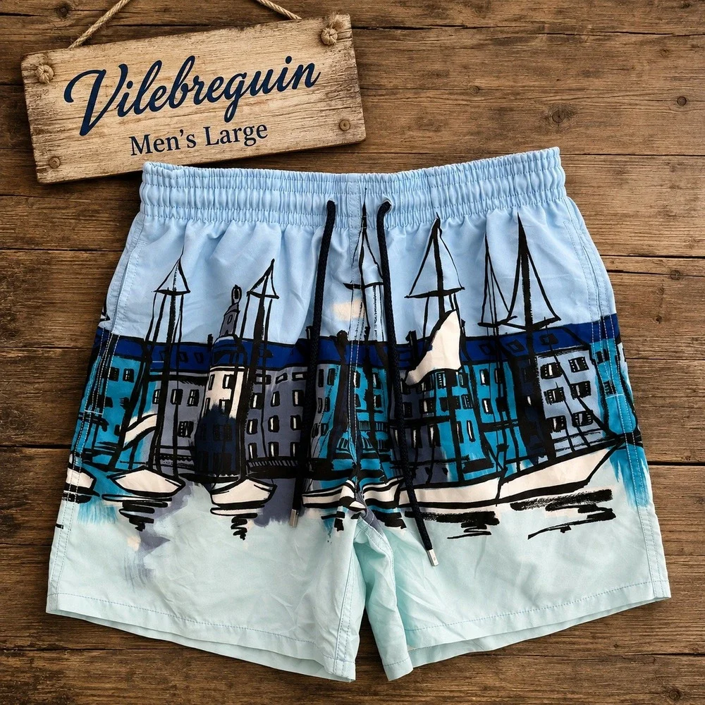 Vilebrequin Mens Moorea Swim Shorts Large Blue Harbor Sailboat Graphic Trunks
